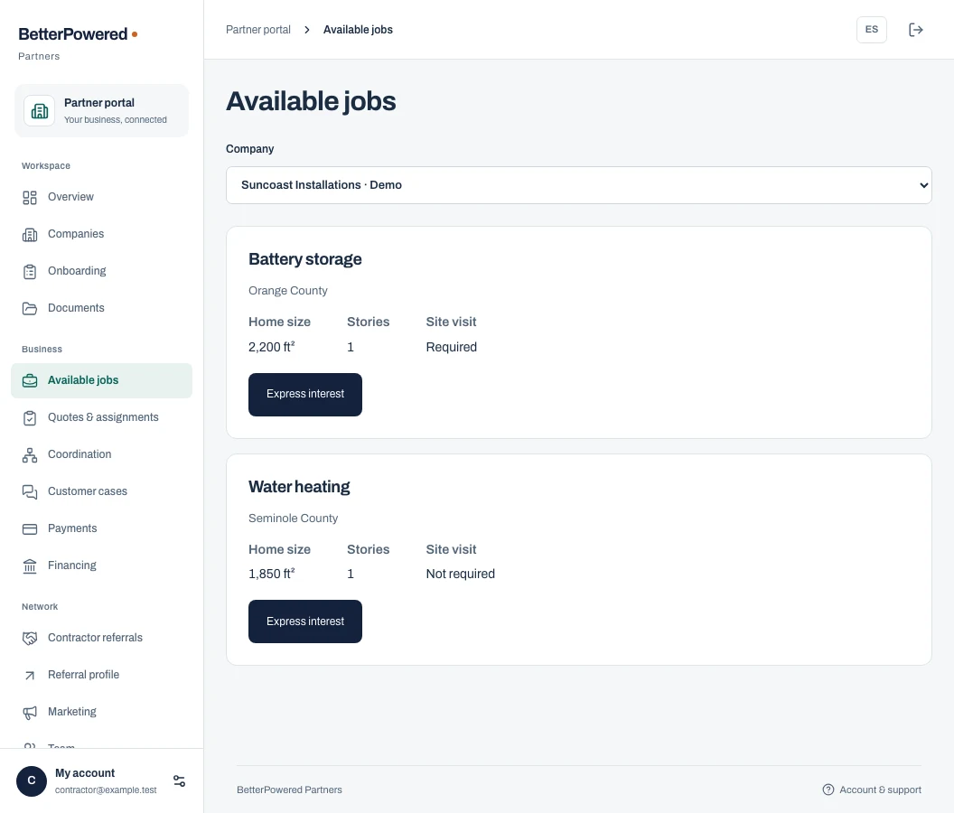 Available jobs in the BetterPowered contractor portal, using demo data