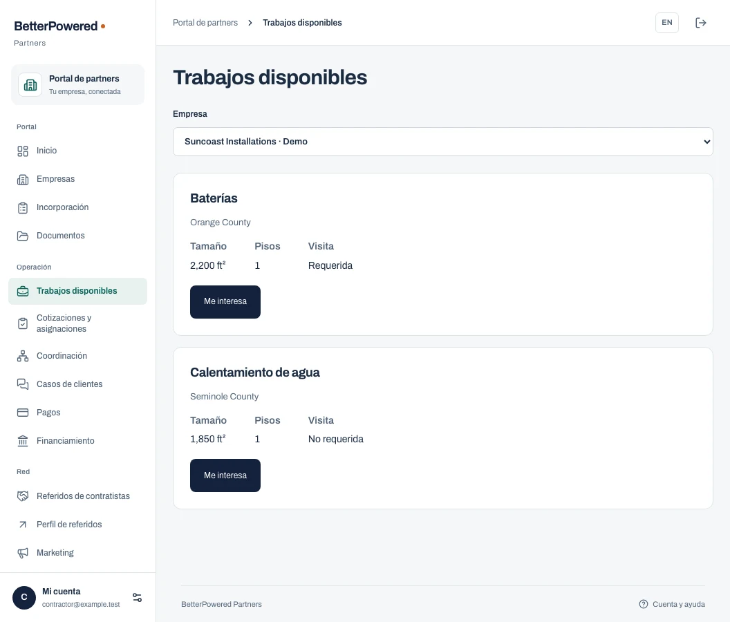 Trabajos disponibles en el portal BetterPowered, con datos de demostración