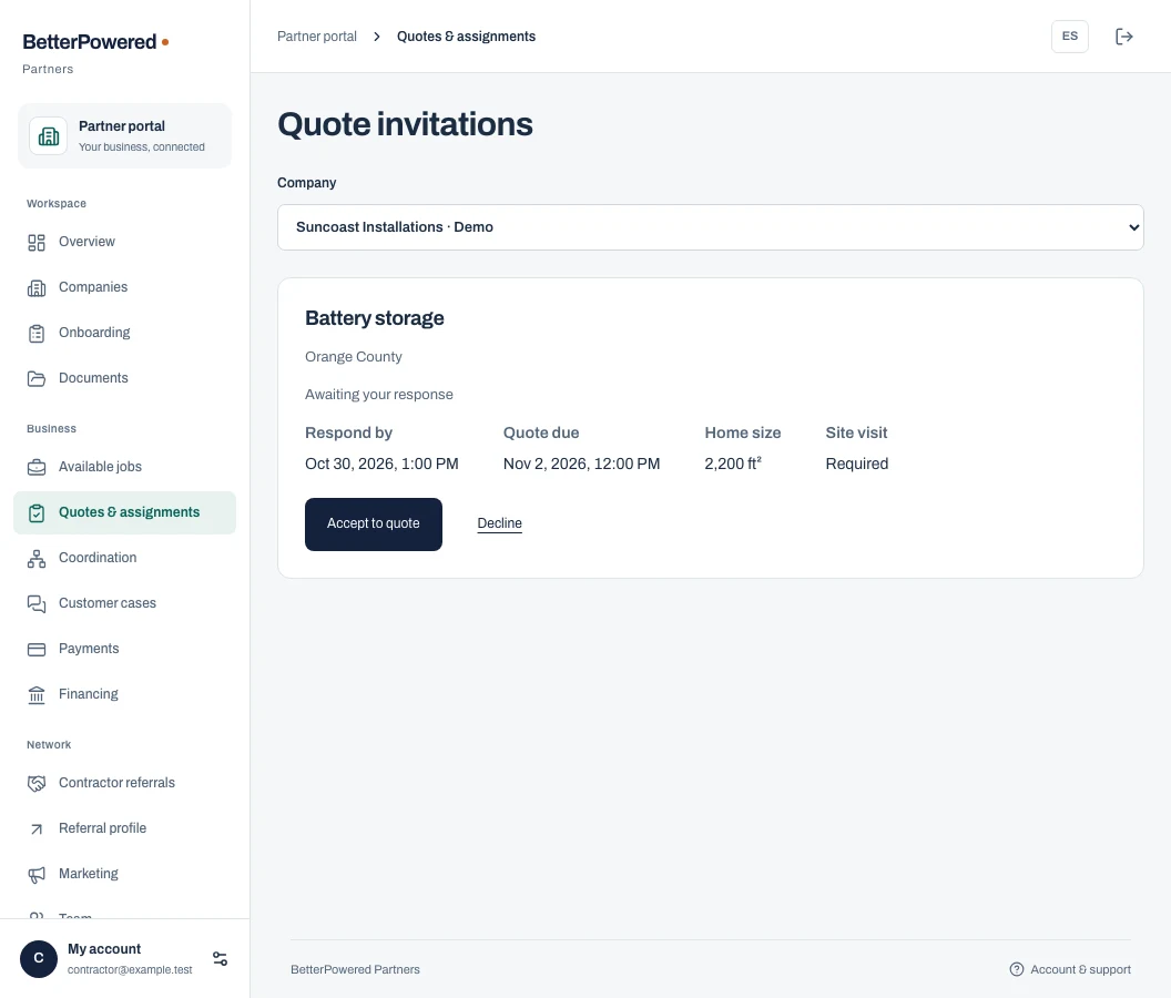 Quote invitations in the real contractor portal with illustrative jobs