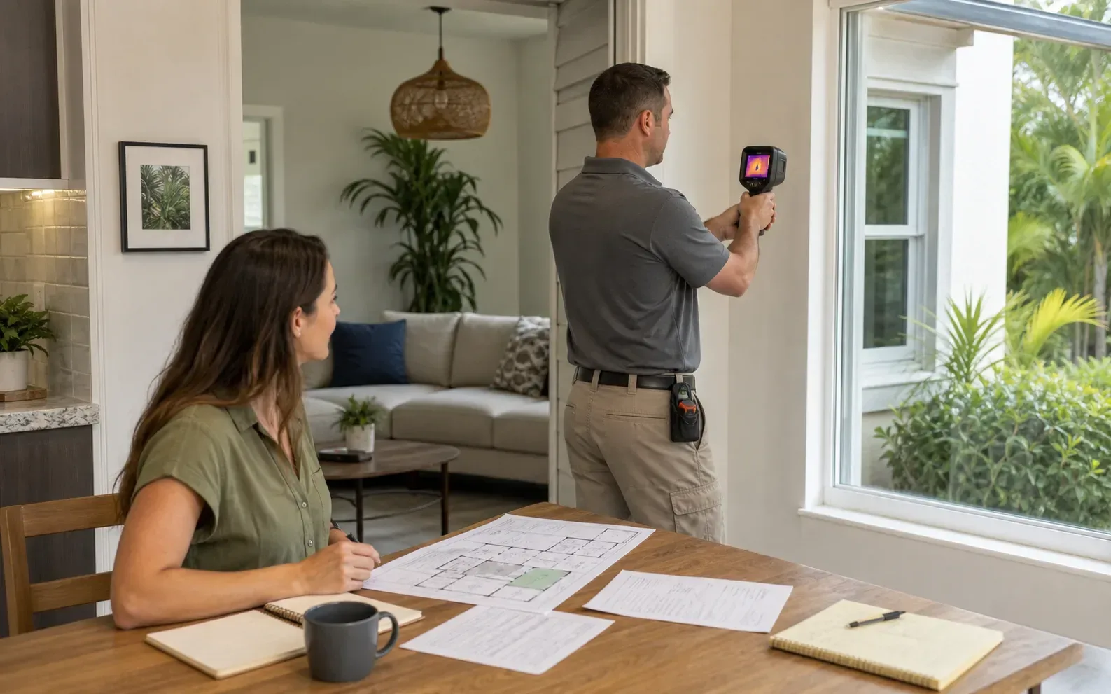 Professionals review an energy upgrade plan for a Florida property