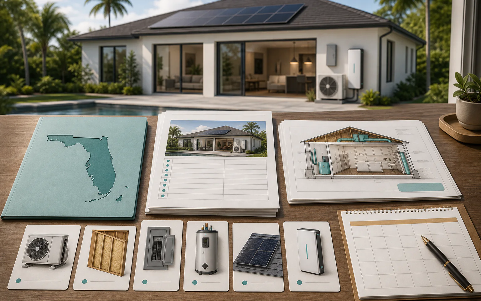 Florida incentive evidence packet organized beside a home-upgrade plan