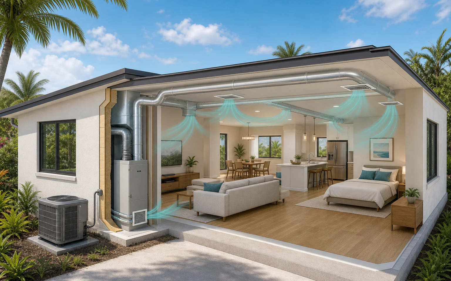 Single residential HVAC system distributing conditioned air through a Florida home