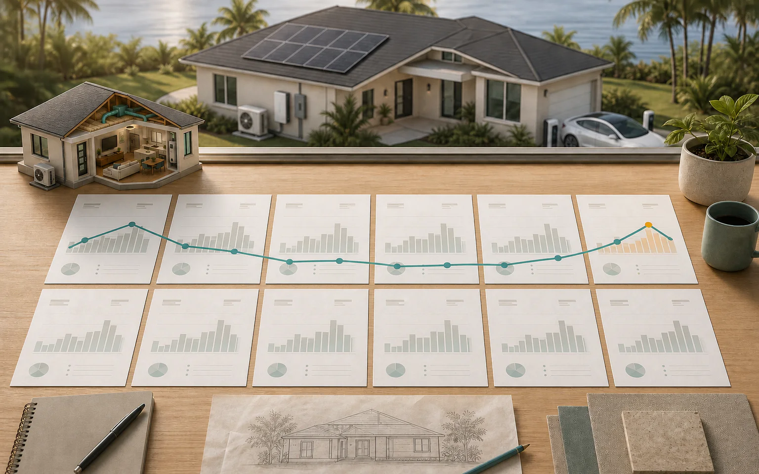 Twelve electric-bill sheets arranged with a seasonal home-energy curve