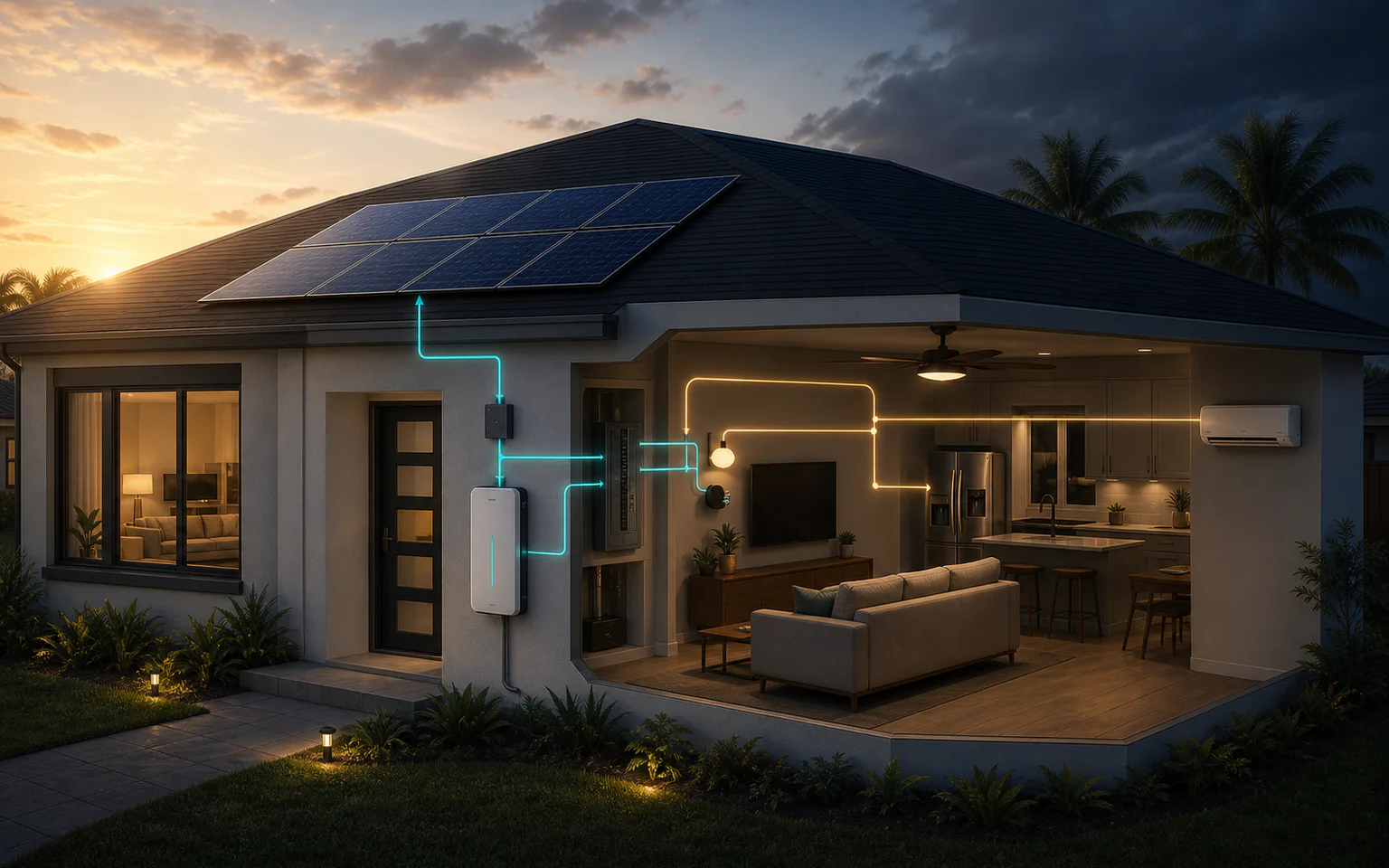 Solar array and compact battery supplying selected essential circuits in a Florida home