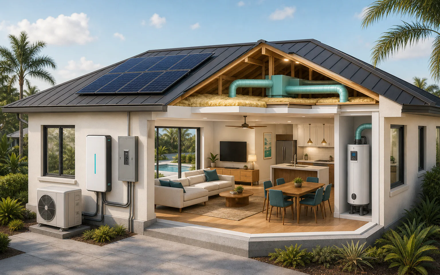 Architectural cutaway showing connected systems in a Florida home