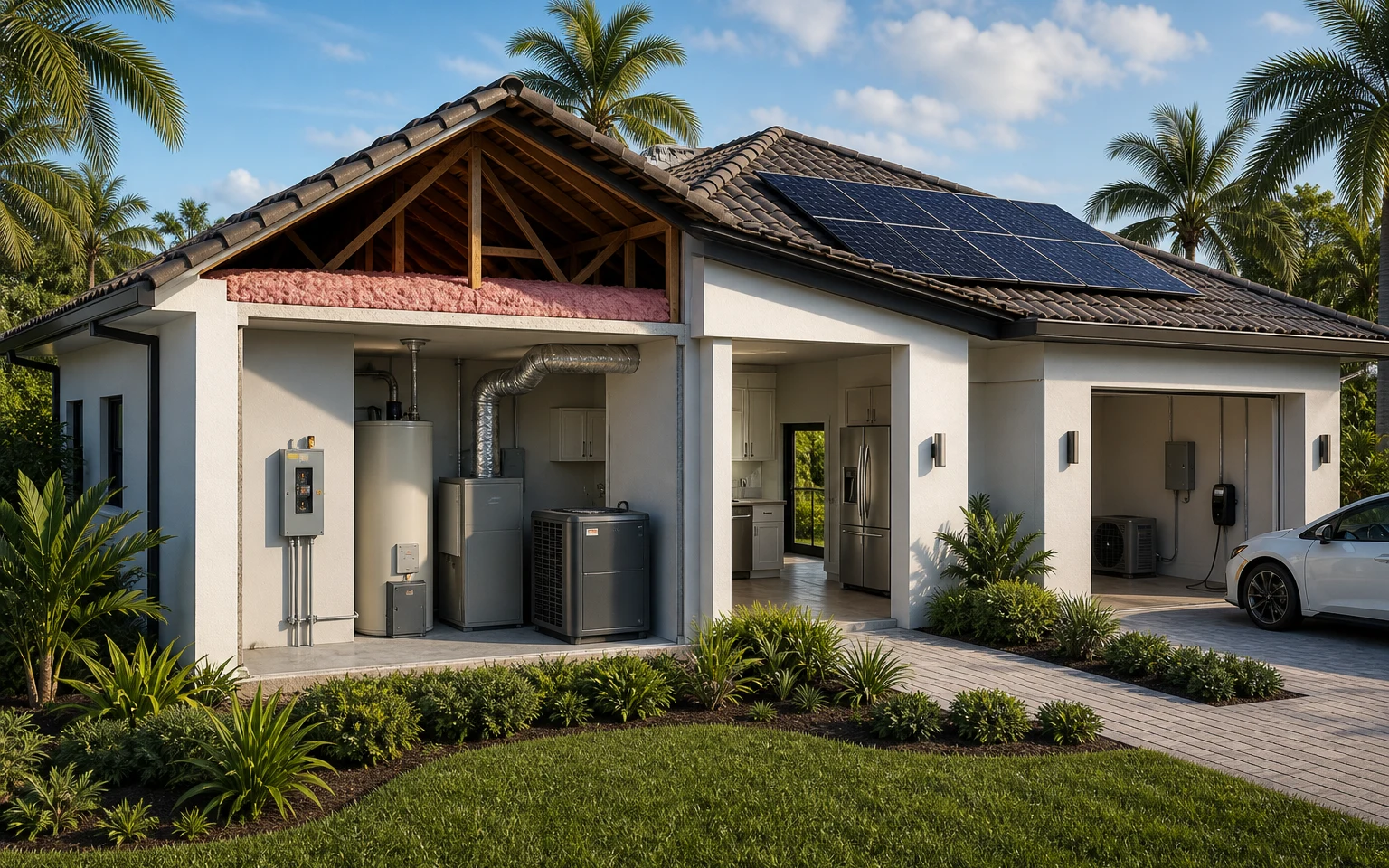 Florida house cutaway showing connected roof, solar, attic, HVAC and electrical systems