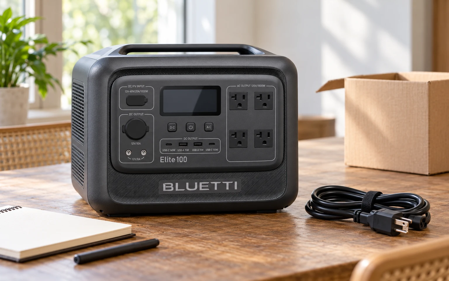 Editorial illustration of a BLUETTI Elite 100 V2 beside a box for planning a US portable power purchase for Cuba.