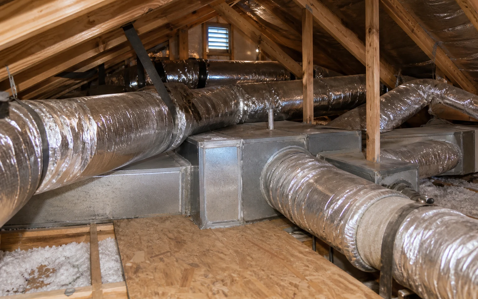 Insulated residential HVAC ducts and metal plenums arranged across an attic access platform