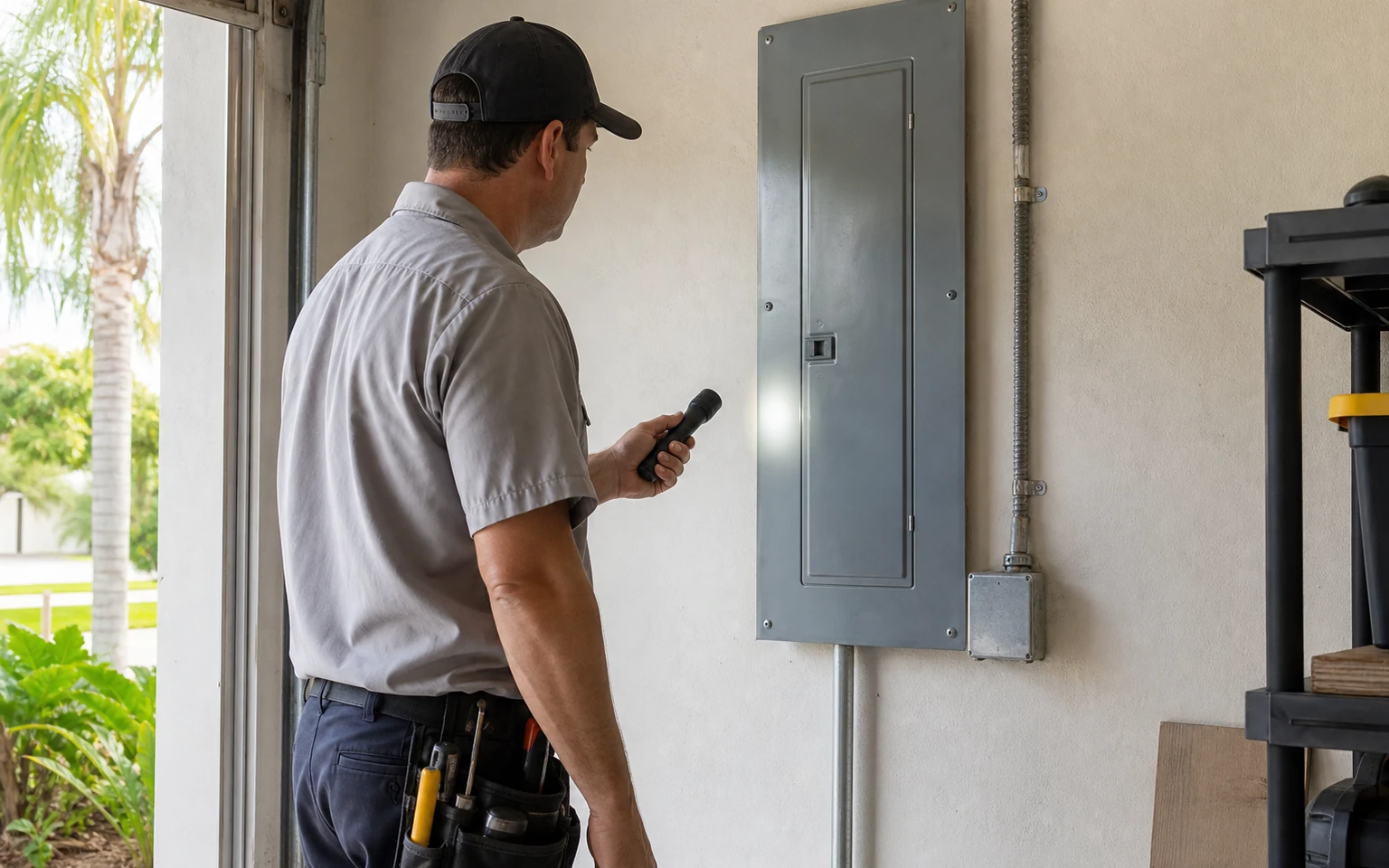 Electrical professional assessing the closed service panel on a residential garage wall before EV charger work
