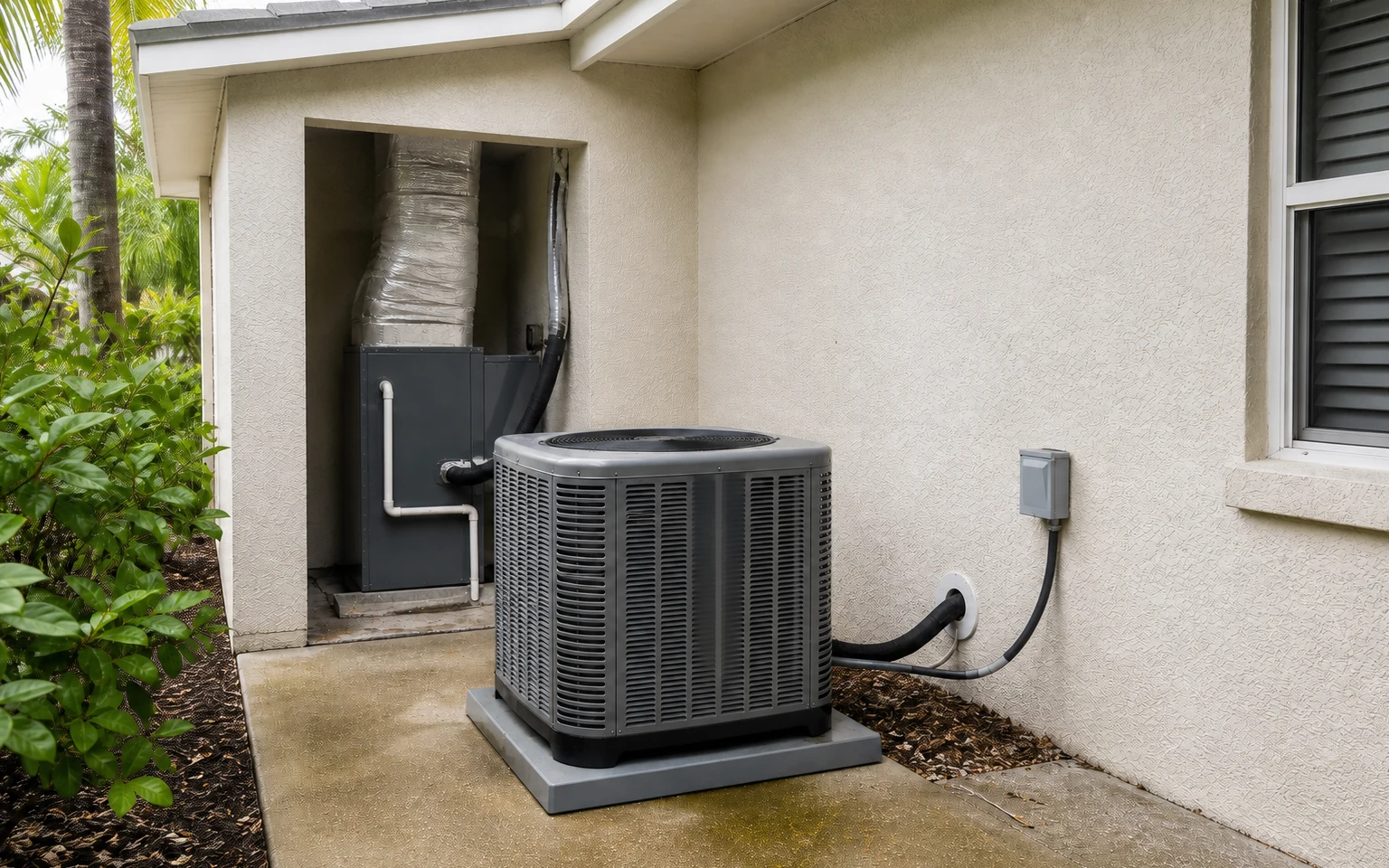 Unidad HVAC exterior sin marca y manejadora de aire en una casa de estuco de Florida