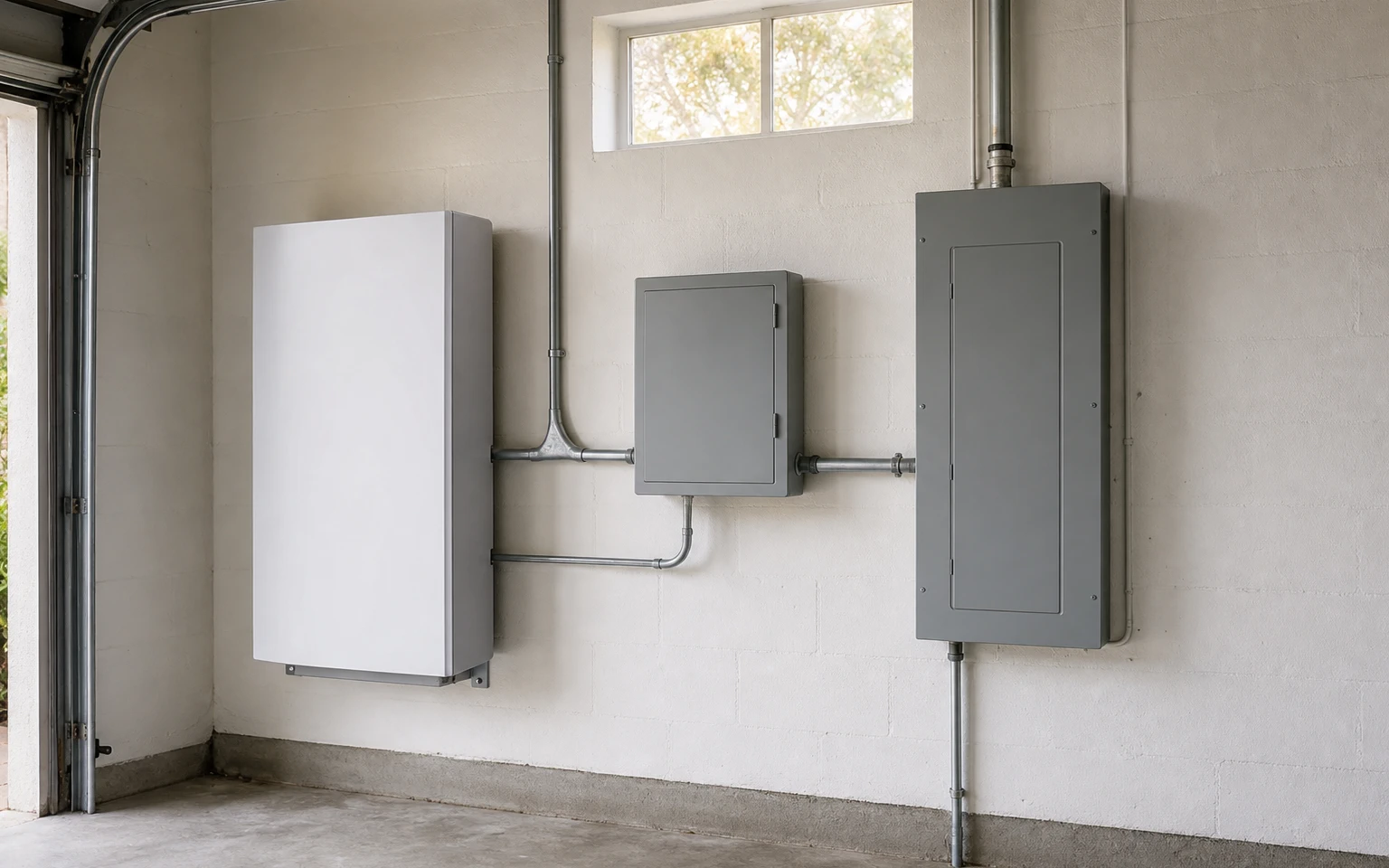 Batería residencial sin marca, panel eléctrico y gabinetes de control en la pared de un garaje