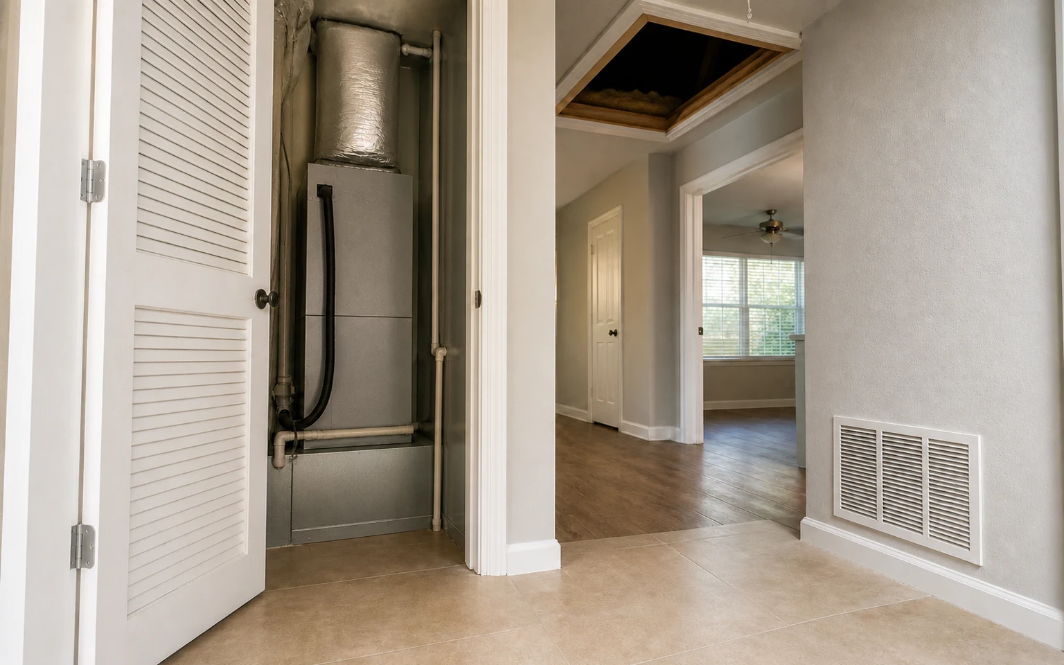 Open air-handler closet, return grille and attic access in an unoccupied Florida home