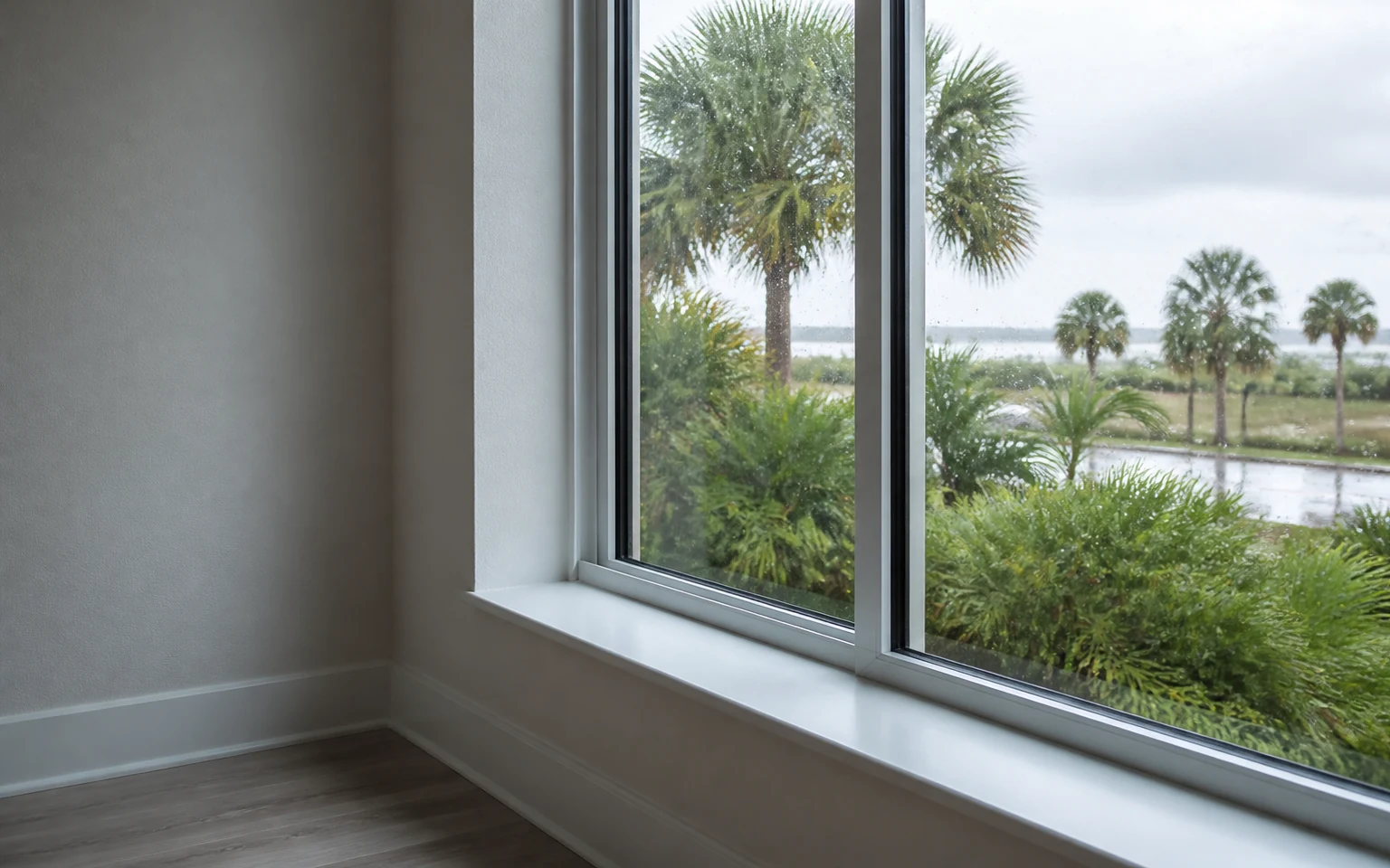 Ventana residencial sin marca vista desde una habitación de Florida después de una lluvia ligera