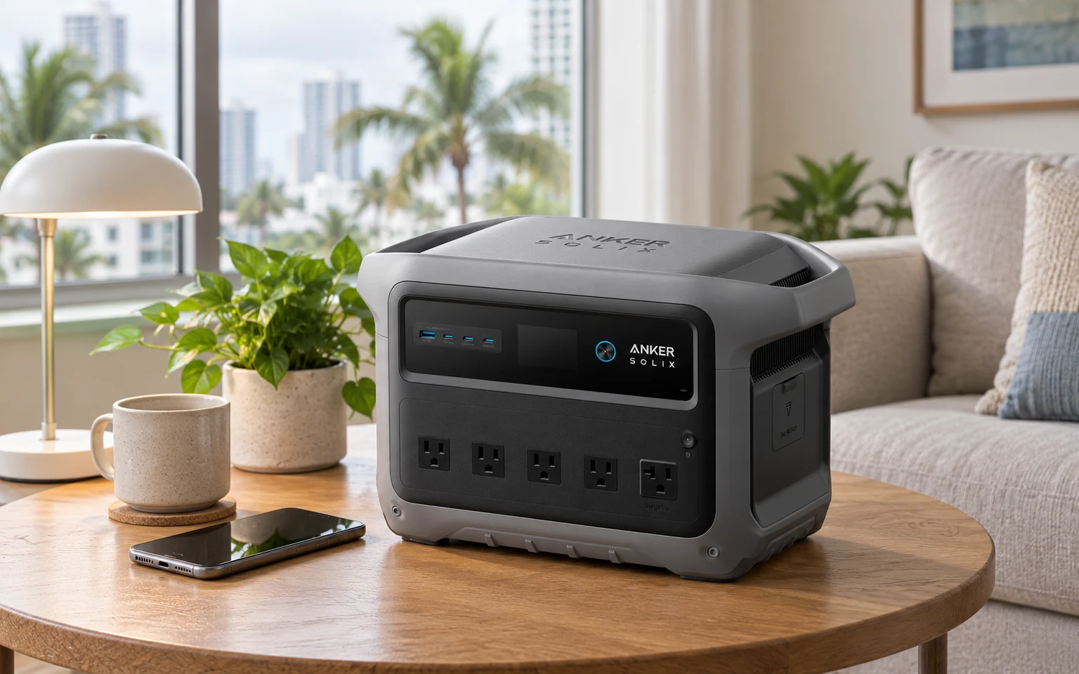Editorial illustration of an Anker SOLIX C1000 Gen 2 in an apartment for planning outage backup in Miami.