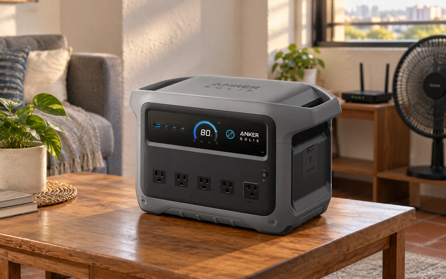 Editorial illustration of an Anker SOLIX C1000 Gen 2 in an apartment for planning outage backup in Venezuela.
