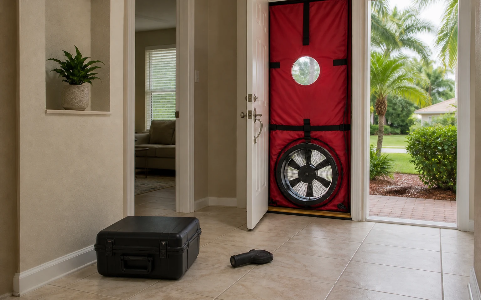 Unoccupied Florida home prepared for an independent field assessment with an unlabeled blower door and diagnostic equipment