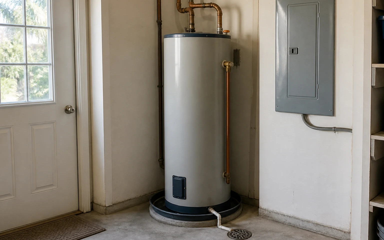 Calentador de agua genérico sin marca junto a un panel eléctrico cerrado en un cuarto de servicio residencial