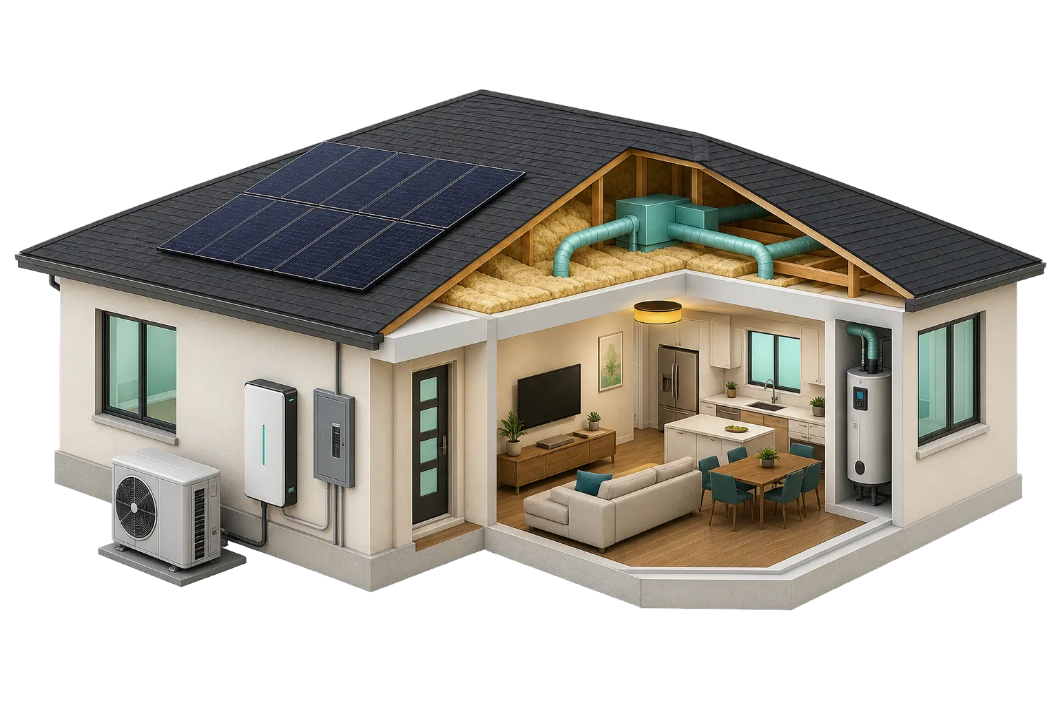 Cutaway illustration of a home showing energy, HVAC, envelope and accessible areas that can inform a whole-home assessment